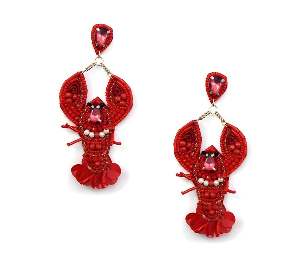 Clip On Red Lobster Seed Beaded Earrings Clipon Crystal Jeweled Seedbead CrawfishDesign