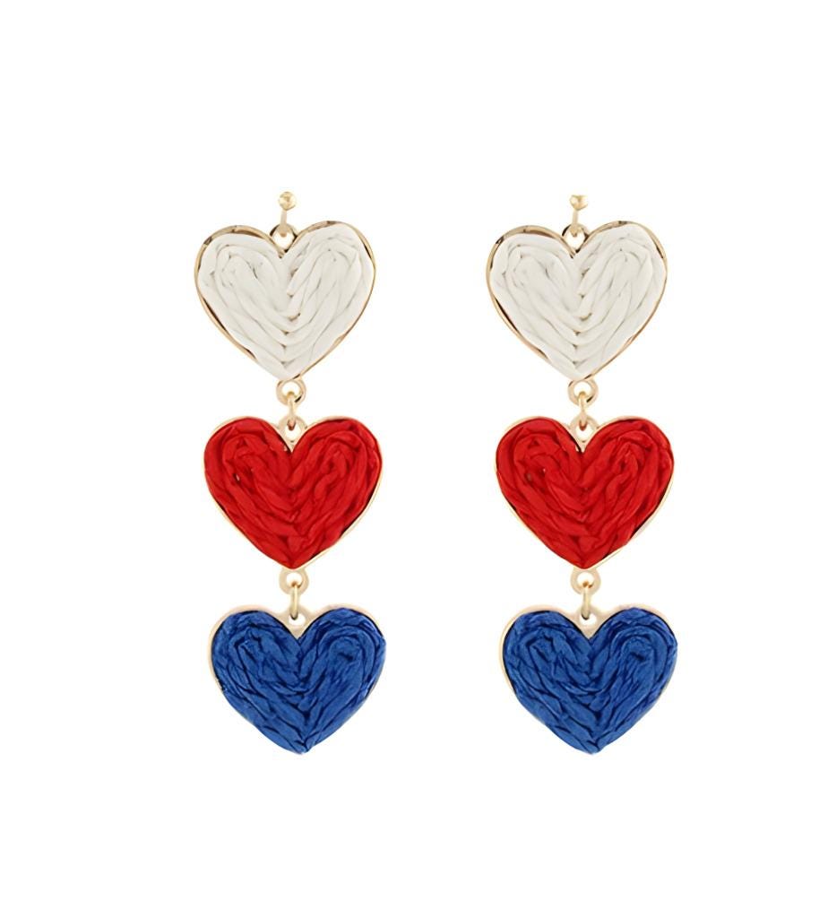 Patriotic USA Raffia Clipon Earrings American Flag Clip Post Heart Designs