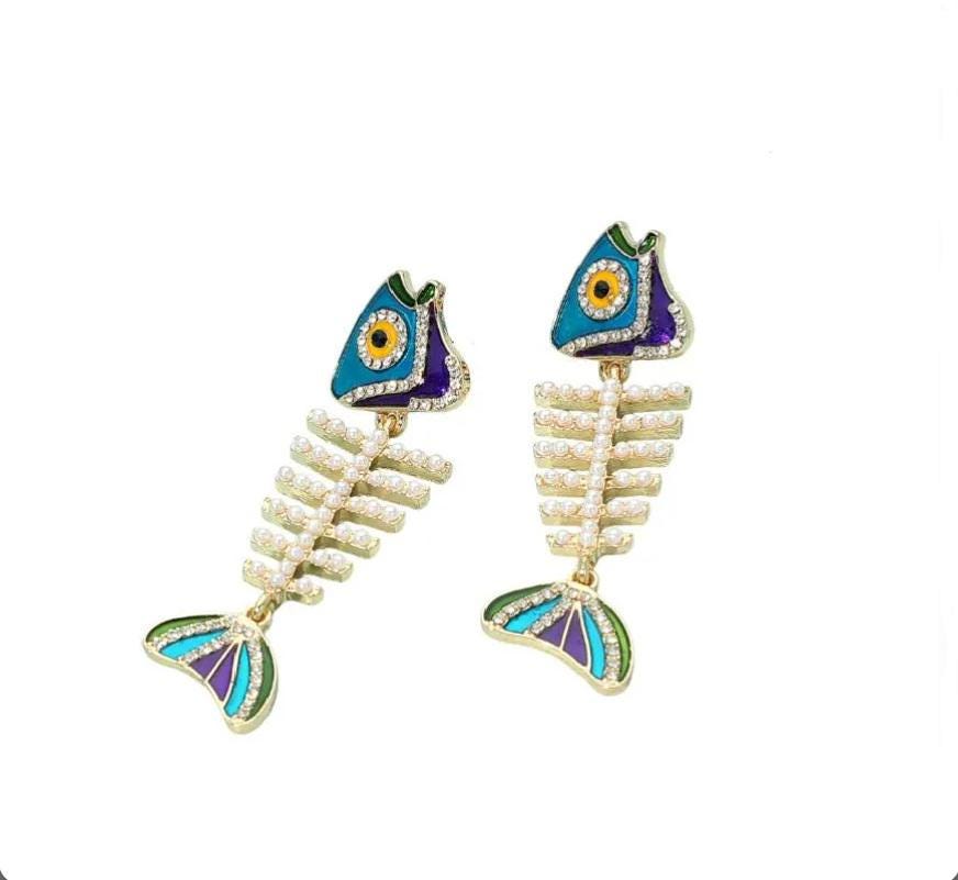 Clip On Fish Bones Earrings Pearl Crystal Embellished Clipon Post Designs