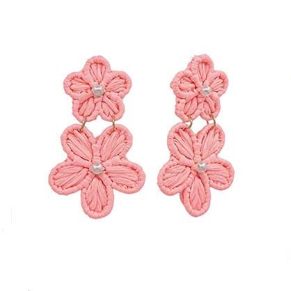 Flower Raffia Clip On Earrings Lightweight Double Floral Clipon Post Designs 6 Colors