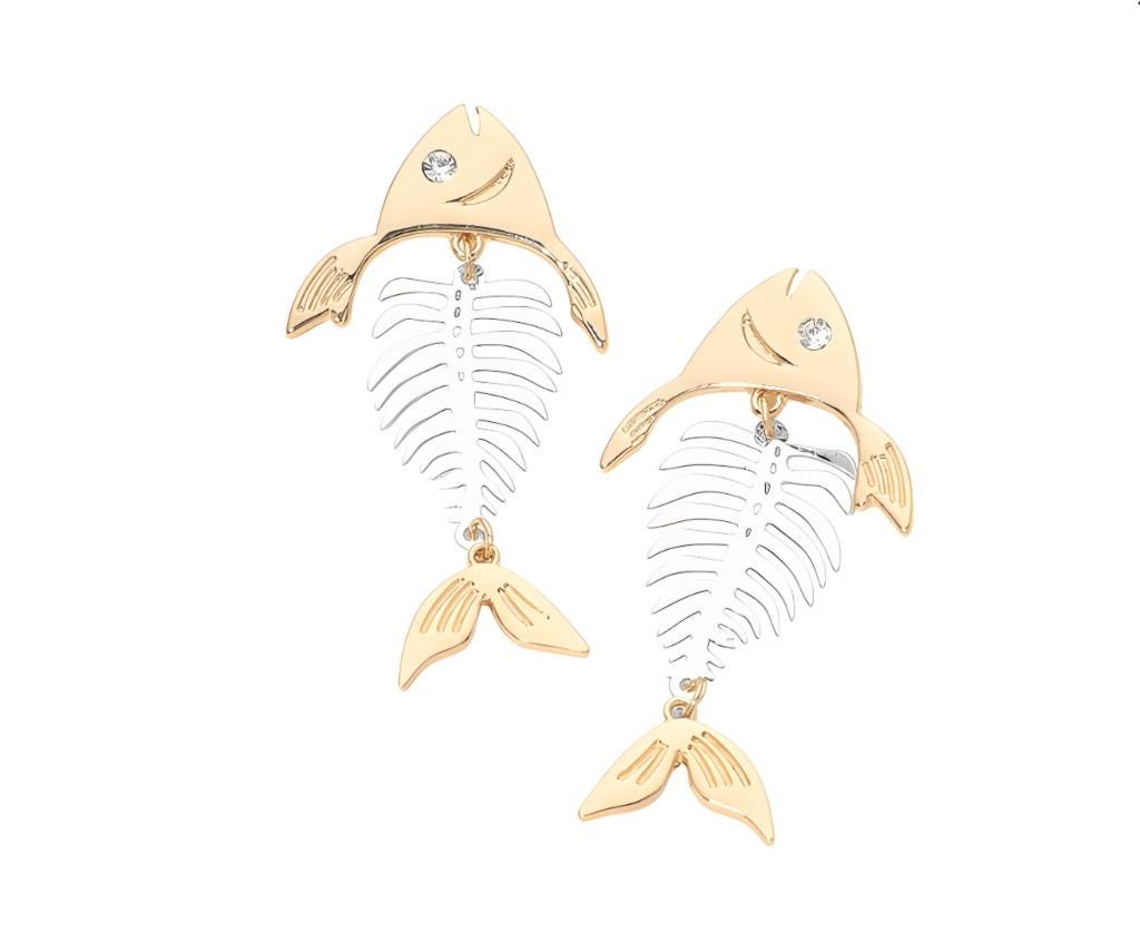 Clip On Fish Bones Earrings 2 Tone Lightweight Metal Clipon Post Designs Gold Silver