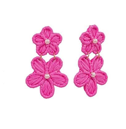 Flower Raffia Clip On Earrings Lightweight Double Floral Clipon Post Designs 6 Colors