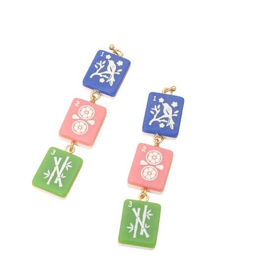 Clip On Mahjong Tile Earrings Acrylic Triple Clipon Hook Designs 4 Print Styles