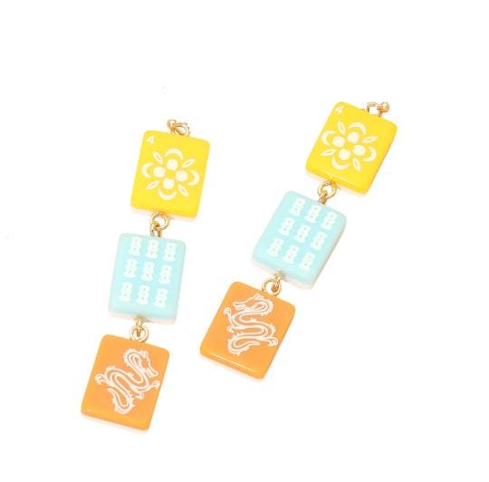 Clip On Mahjong Tile Earrings Acrylic Triple Clipon Hook Designs 4 Print Styles
