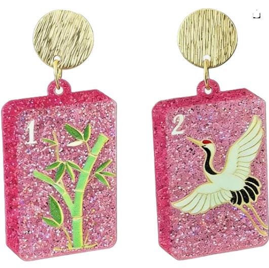 Clip On Pink Mahjong Tile Earrings Acrylic Clipon Hook Designs 4 Print Styles 2D