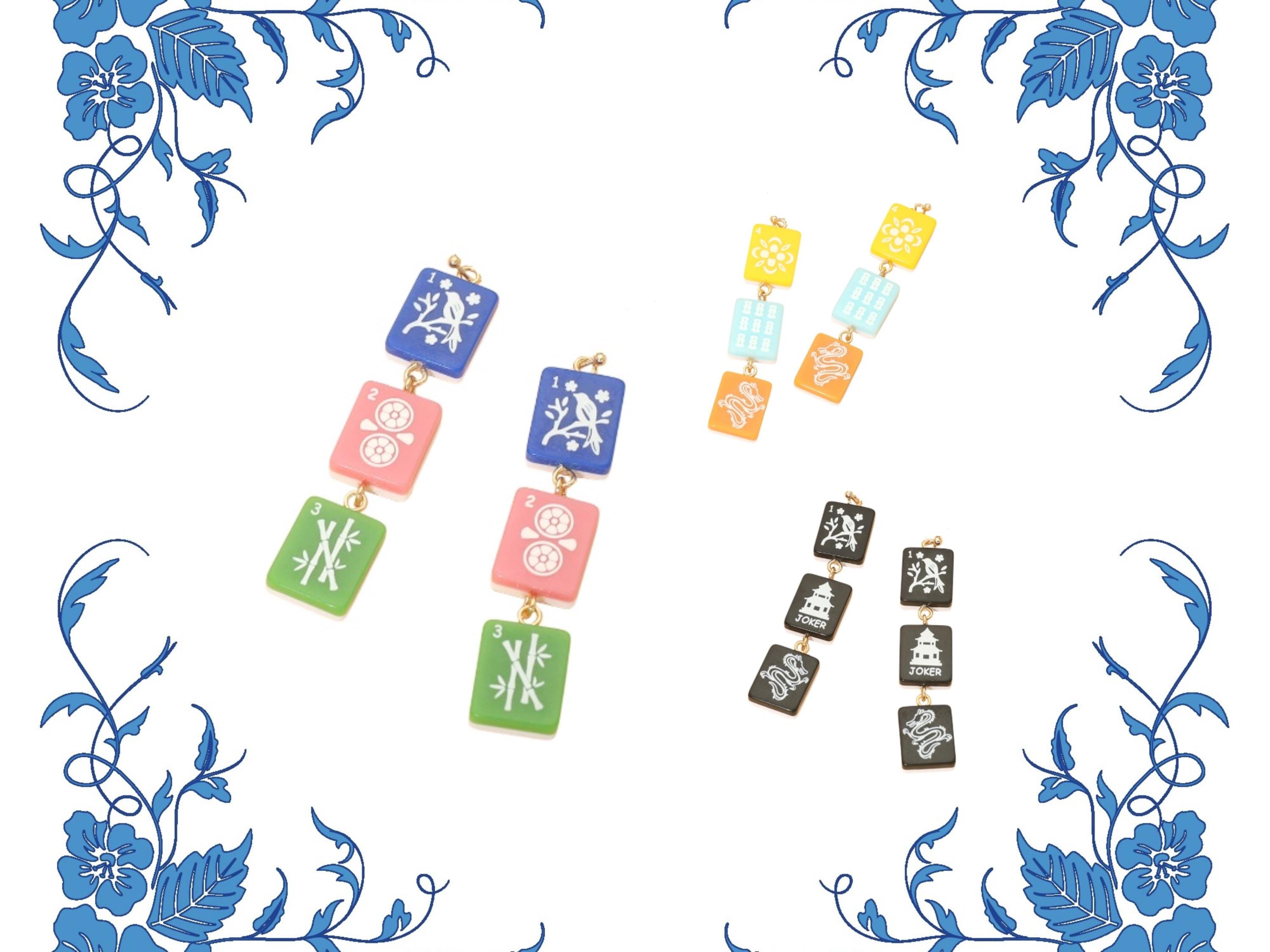 Clip On Mahjong Tile Earrings Acrylic Triple Clipon Hook Designs 4 Print Styles