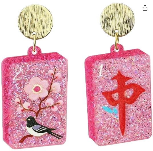 Clip On Pink Mahjong Tile Earrings Acrylic Clipon Hook Designs 4 Print Styles 2D