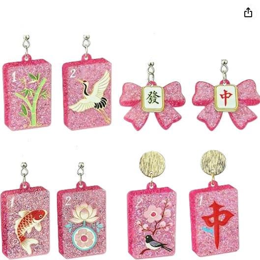 Clip On Pink Mahjong Tile Earrings Acrylic Clipon Hook Designs 4 Print Styles 2D