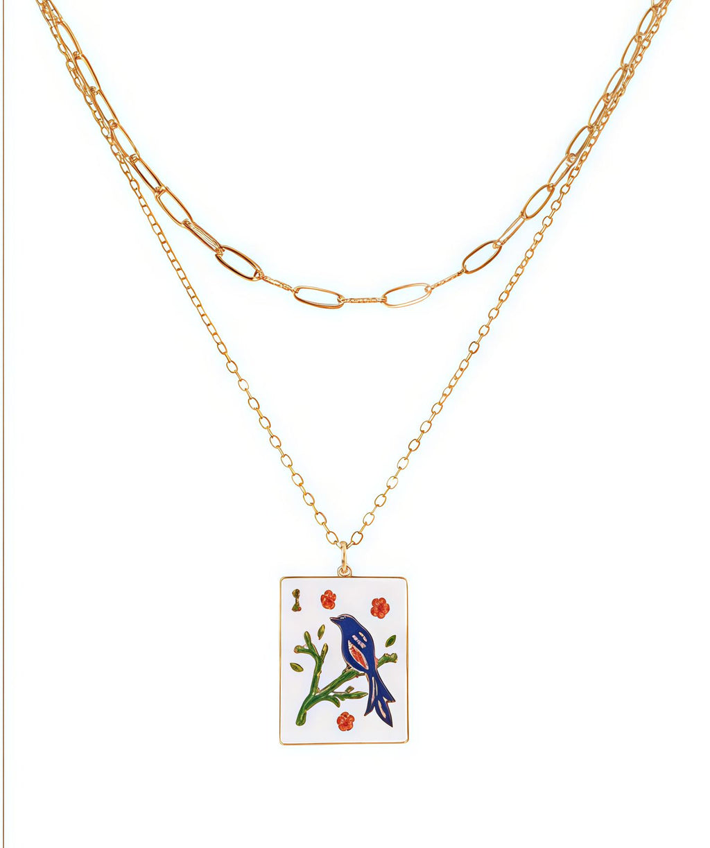 Mahjong Tile Necklace Layered Paperclip Chain Pendant Charm