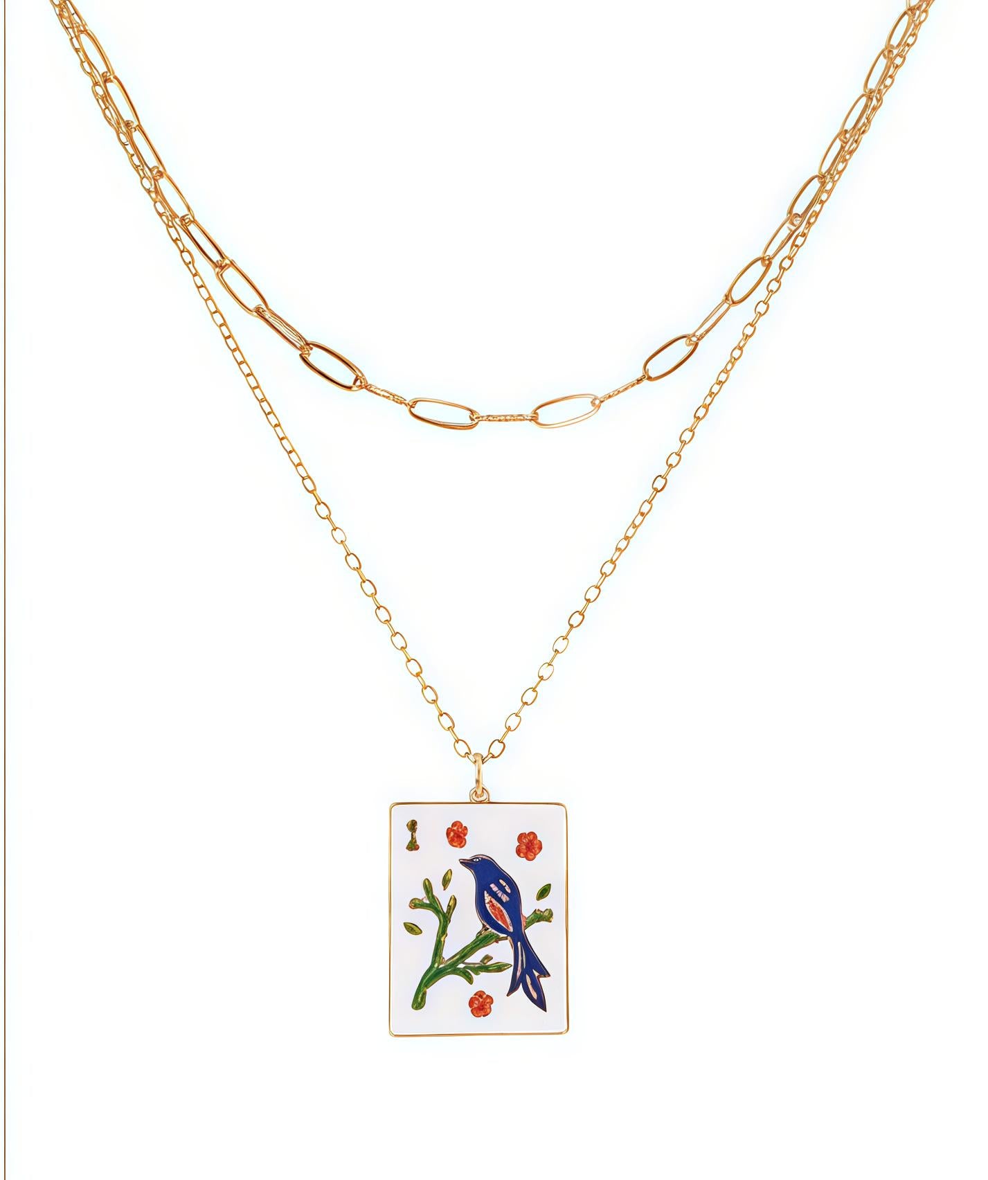 Mahjong Tile Necklace Layered Paperclip Chain Pendant Charm