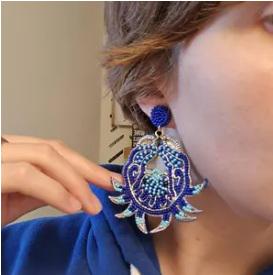 Clip On Blue Gold Crab Seed Beaded Earrings Clipon Seedbead Design