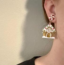 Christmas Earrings Ginger Bread House Clip On Acrylic Clipon Post Designs Gingerbread