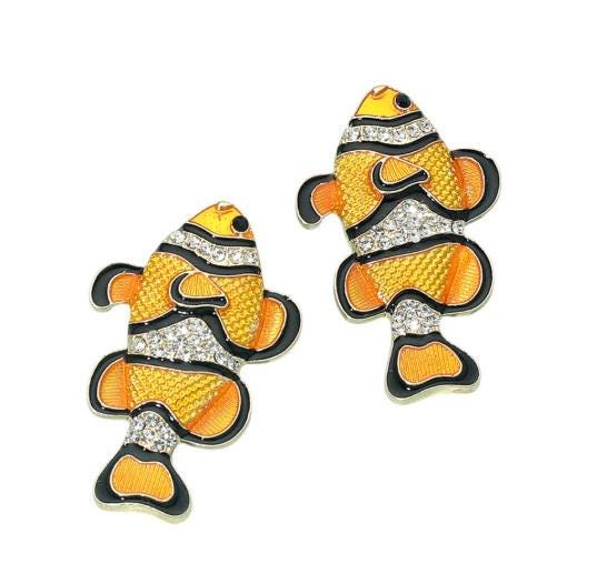 Clip On Clownfish Earrings Crystal Embellished Fish Clipon Post Designs 2 Colors