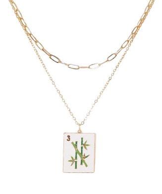 Mahjong Tile Necklace Layered Paperclip Chain Pendant Charm