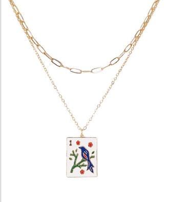 Mahjong Tile Necklace Layered Paperclip Chain Pendant Charm