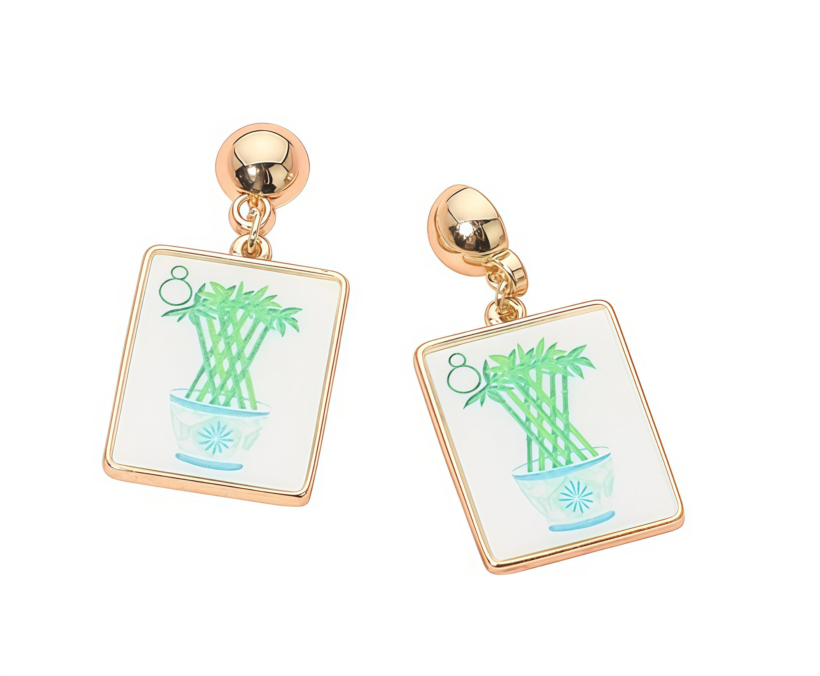 Clip On Mahjong Tile Earrings Bamboo BAM Framed Clipon Hook Designs