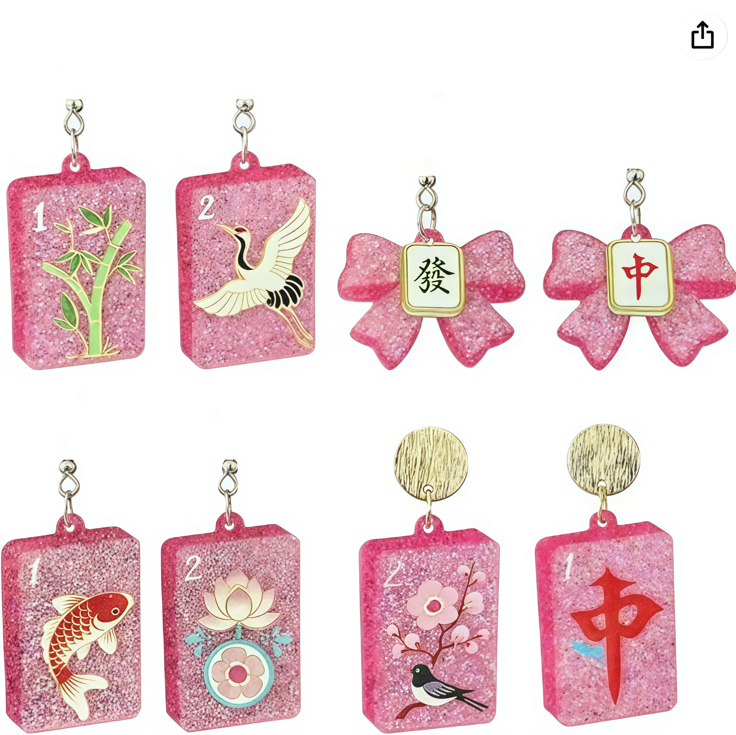 Clip On Pink Mahjong Tile Earrings Acrylic Clipon Hook Designs 4 Print Styles 2D