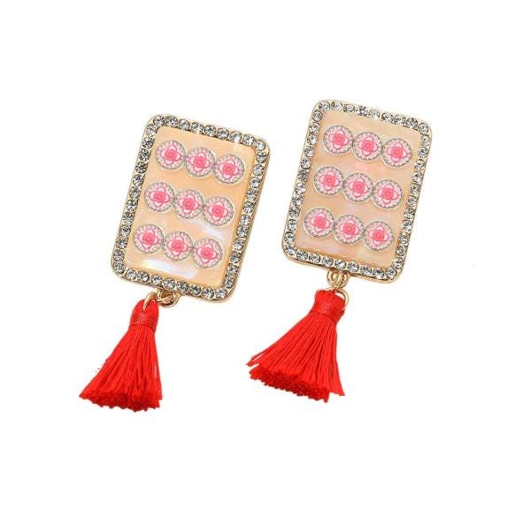 Clip On Mahjong Tile Earrings Crystal Tassel Acrylic Clipon Post Designs 6 Print Styles 2D