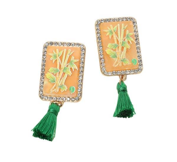 Clip On Mahjong Tile Earrings Crystal Tassel Acrylic Clipon Post Designs 6 Print Styles 2D
