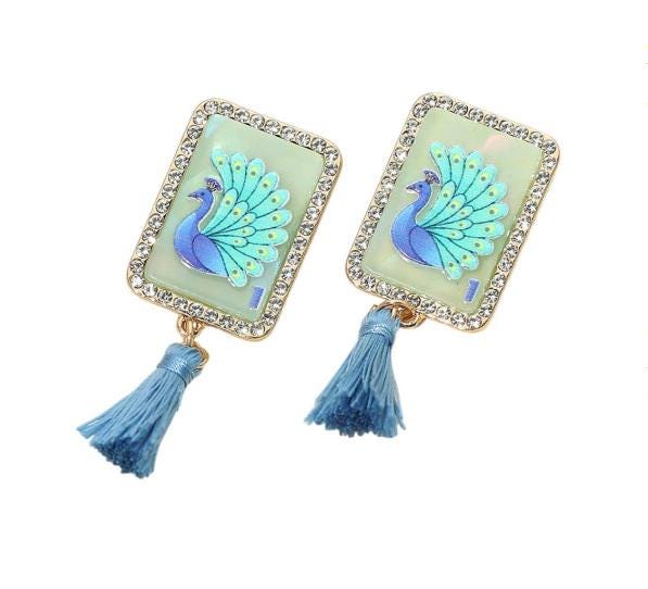 Clip On Mahjong Tile Earrings Crystal Tassel Acrylic Clipon Post Designs 6 Print Styles 2D