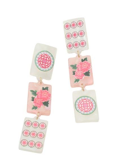 Clip On Mahjong Tile Earrings Acrylic Triple Clipon Hook Designs 2 Print Styles