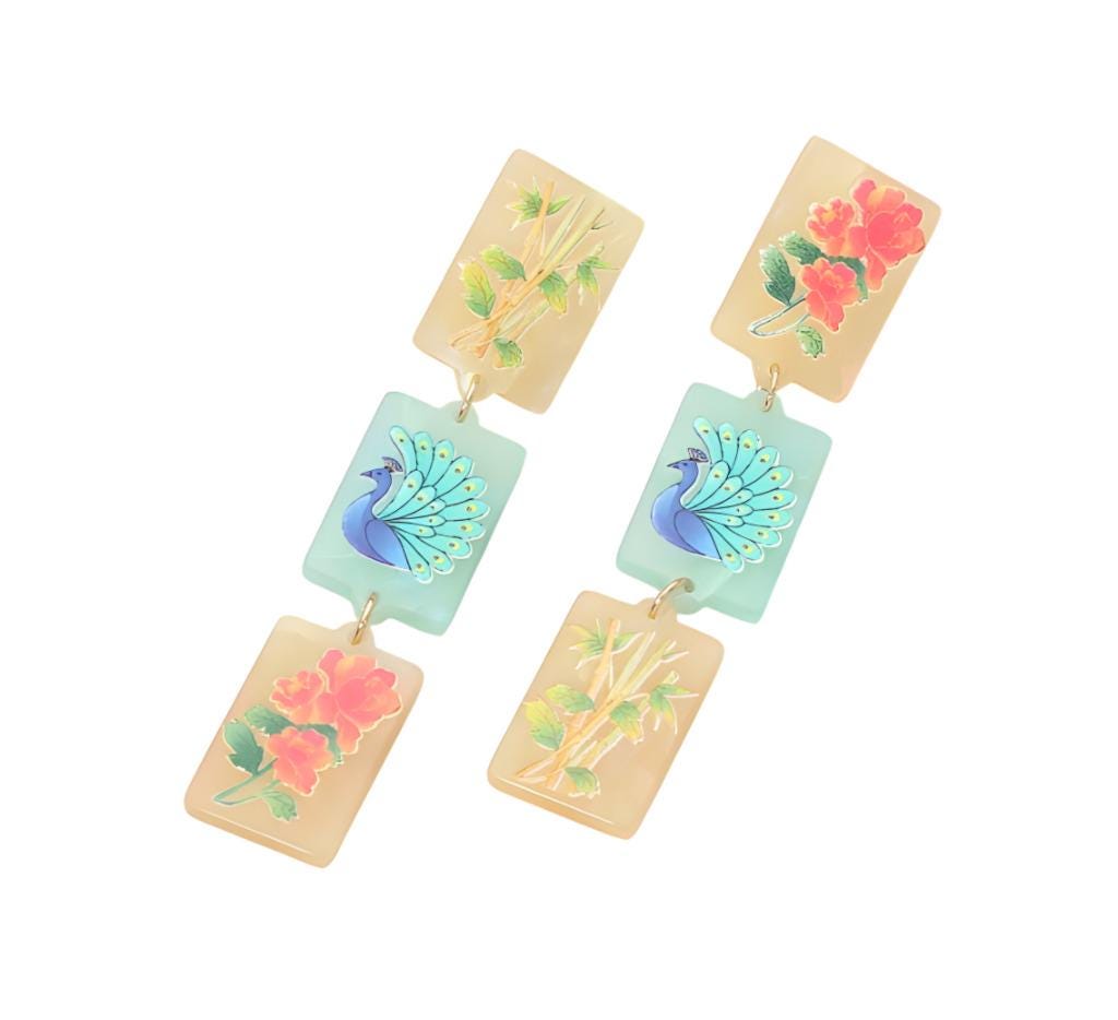 Clip On Mahjong Tile Earrings Acrylic Triple Clipon Hook Designs 2 Print Styles