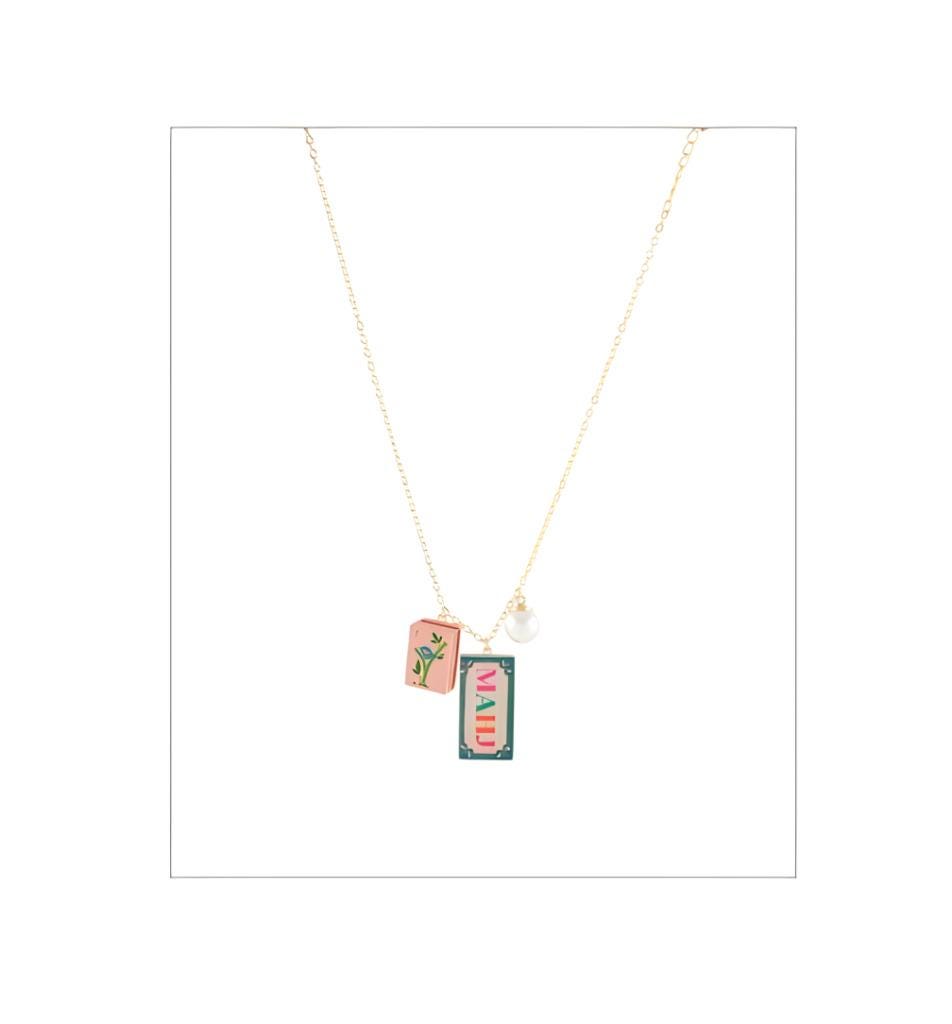 Mahjong Tile Necklace Chain Pendant Charm Pearl Accent