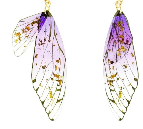 Gold Flake Resin Clip-On Earrings: Dragonfly Butterfly Wing Design
