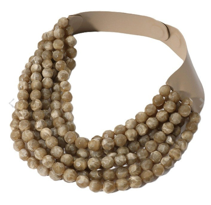 Multi-Strand Stone Beaded Statement Necklace Brown Magnetic Clasp 18" Layered