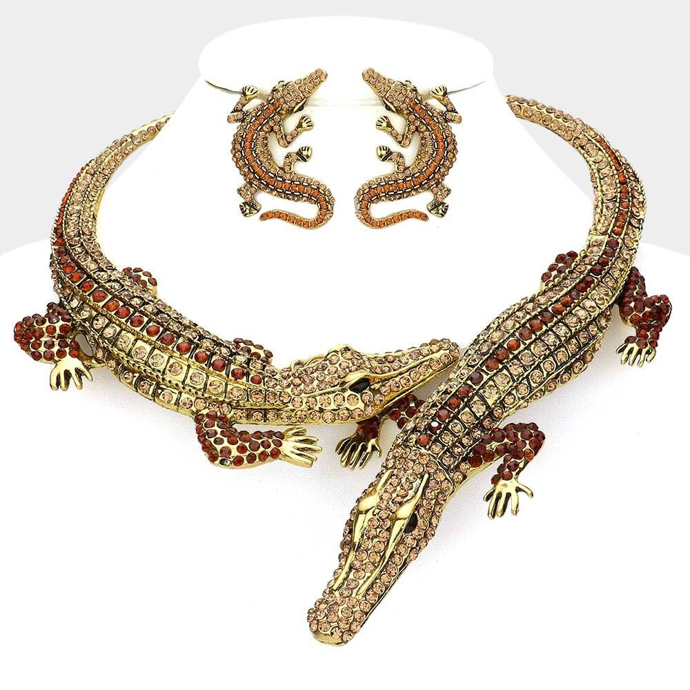 Crystal Crocodile Bib Necklace & Earrings Set | Statement Animal Jewelry