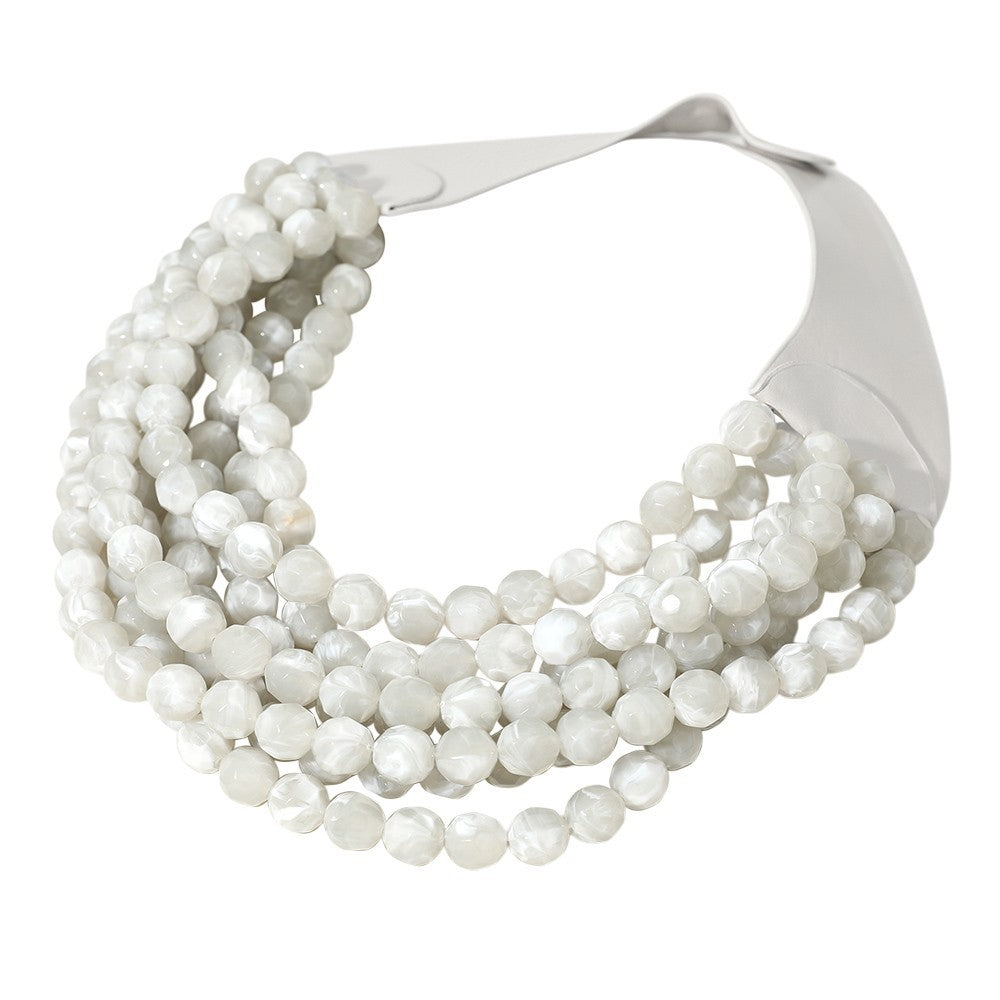 Multi-Strand White Gray Marble Beaded Statement Necklace Magnetic Clasp Layered