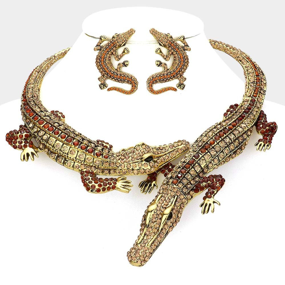 Crystal Crocodile Bib Necklace & Earrings Set | Statement Animal Jewelry
