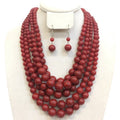 Multi-Strand Red Pearl Statement Necklace and Drop Earring Set - 5-Layer Bib