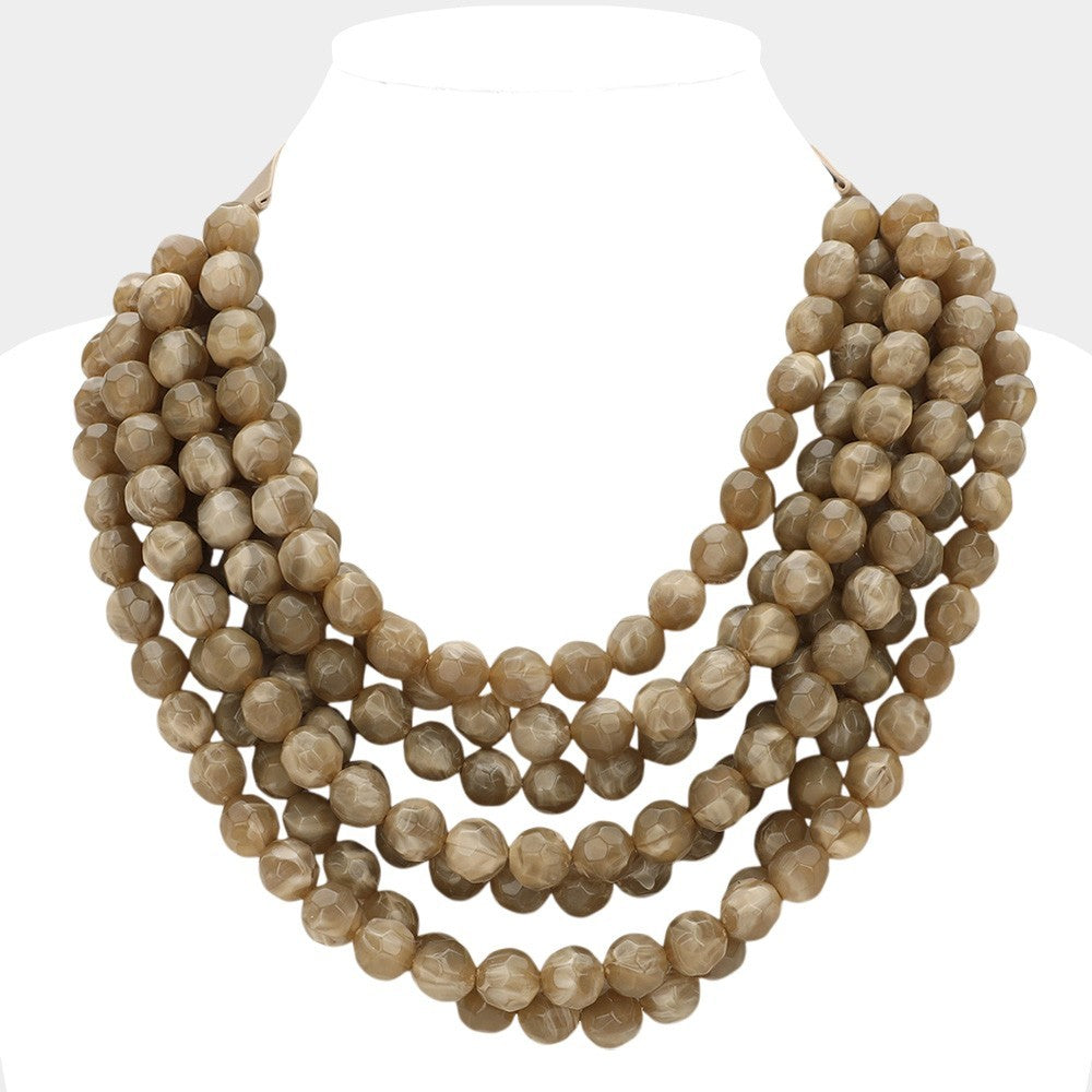 Multi-Strand Stone Beaded Statement Necklace Brown Magnetic Clasp 18" Layered
