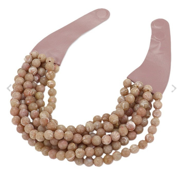 Multi-Strand Salmon Beaded Statement Necklace Tan Magnetic Clasp 18" Layered