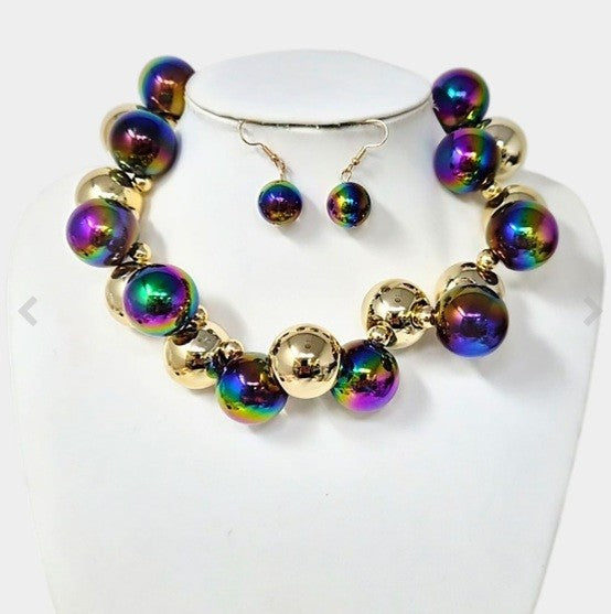 Multicolor Iridescent Bubble Ball Necklace Earring Set Statement Bead