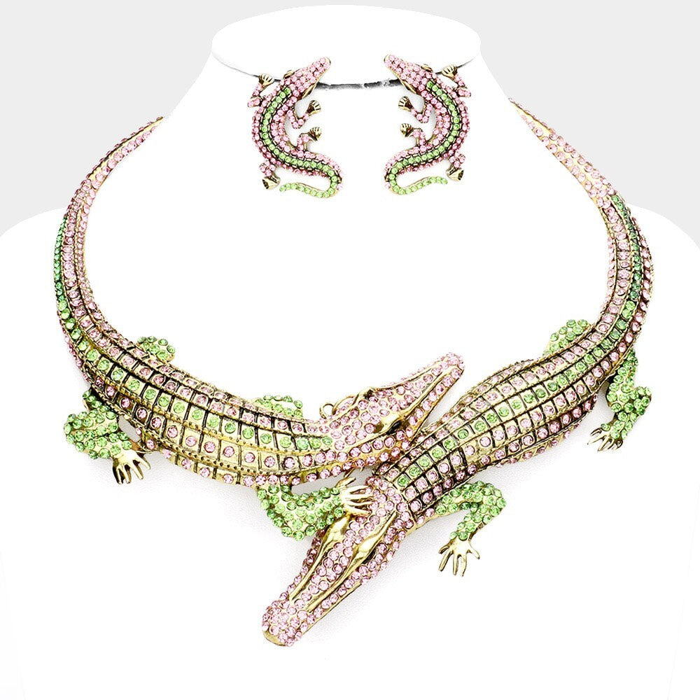 Crystal Crocodile Bib Necklace & Earrings Set | Statement Animal Jewelry