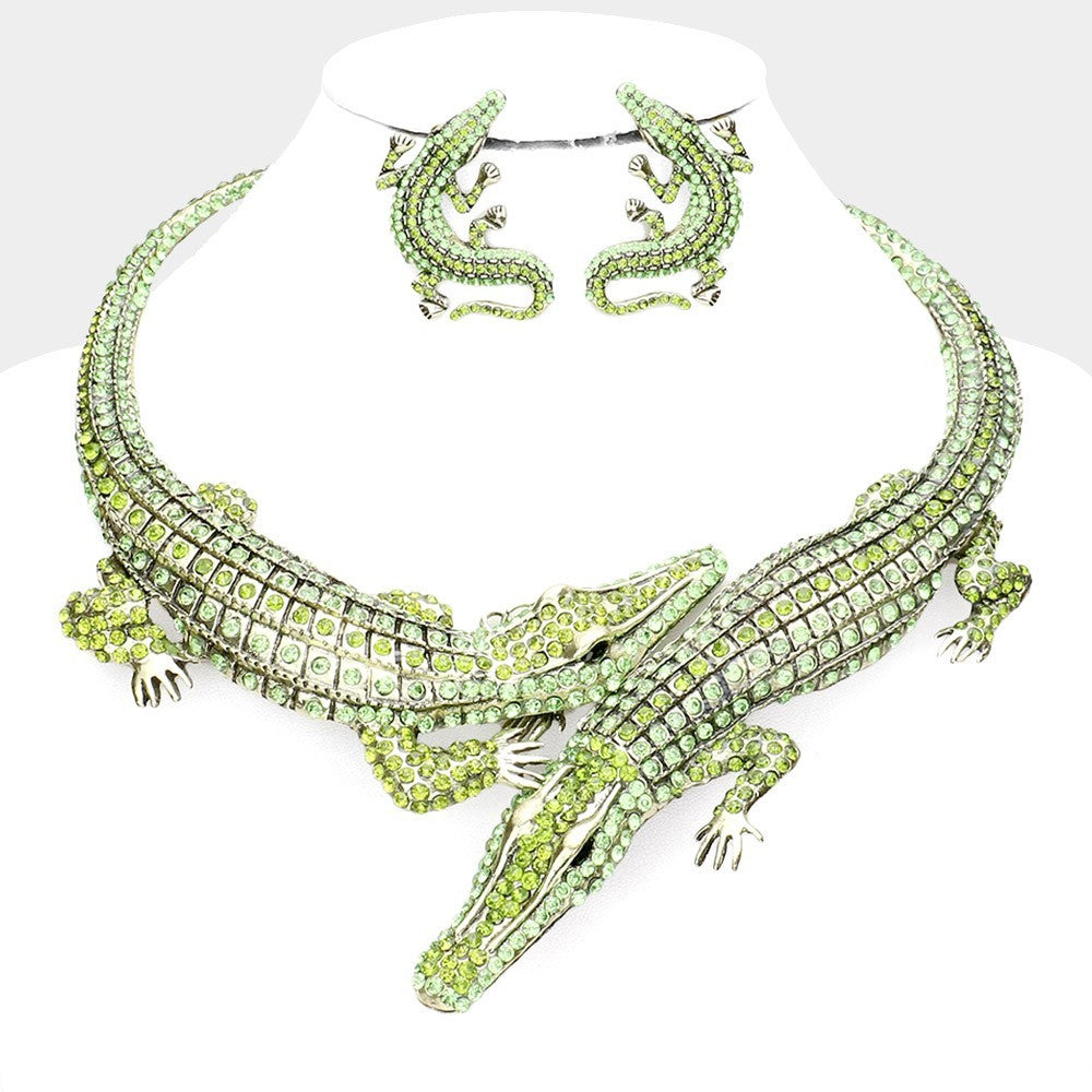 Crystal Crocodile Bib Necklace & Earrings Set | Statement Animal Jewelry