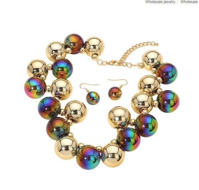 Multicolor Iridescent Bubble Ball Necklace Earring Set Statement Bead