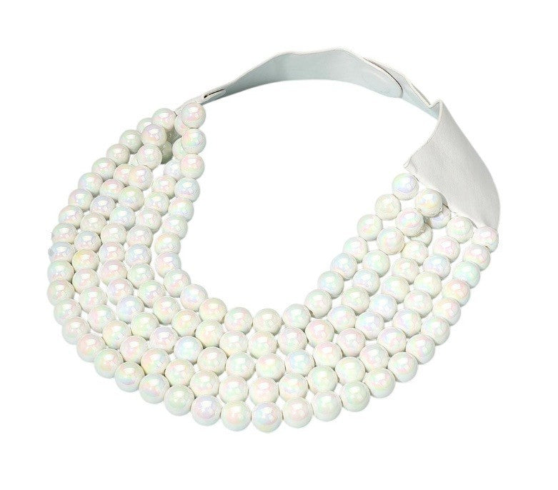 Multi-Strand White Beaded Statement Necklace Magnetic Clasp Layered Iridescent