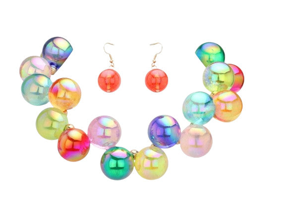 Multicolor Iridescent Bubble Ball Necklace Earring Set Statement Bead