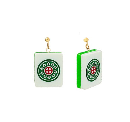 Clip On Mahjong Tile Earrings Acrylic Clipon Hook Designs 5 Print Styles