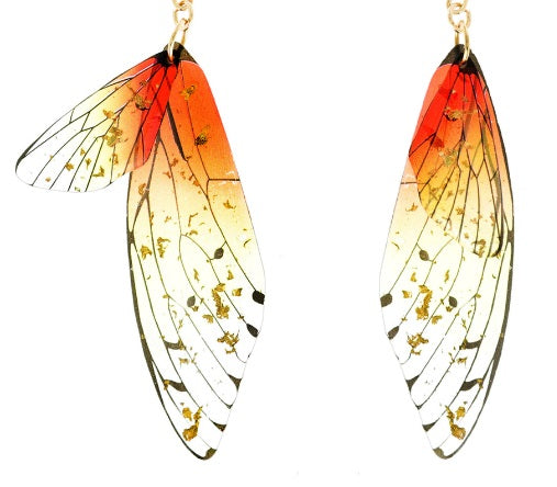 Gold Flake Resin Clip-On Earrings: Dragonfly Butterfly Wing Design